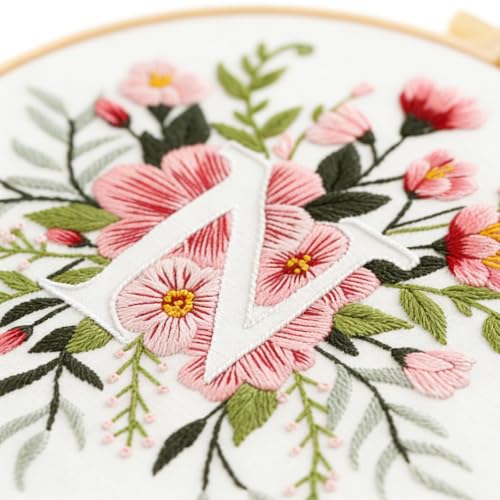 Zerzsy 7.87 '' Embroidery Kits Plant Flower Leaf English Letter Patterns for Beginners Adults, Easy to Learn Cross Stitch Kit for Home Office Decor - color: Letter N