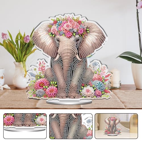 POETRYDRAW DIY Diamond Art Ornament Desktop Kit Elephant, Stand Up Acrylic Diamonds Painting Ornament for Adults, 5D Special Diamond Gem Craft Tabletop Placement Board Kit - color: Elephant Flower