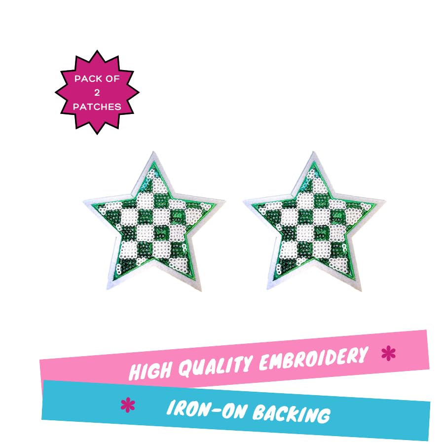 Green Checkered Sequin Star Patch, 3.75" x 3.75”, 2-Pack, Embroidered Iron-On for Hats, Bags, Jackets - color: Checkered Sequin Star - Green