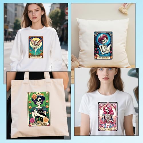 Dtf Transfers Ready to Press - 20 Pcs Tarot Skeleton Iron on Patches for T-Shirts, Gothic Halloween Skull Heat Transfer Design Vinyl Stickers, Iron on Decals for Women DIY Clothes - color: Tarot Skeleton