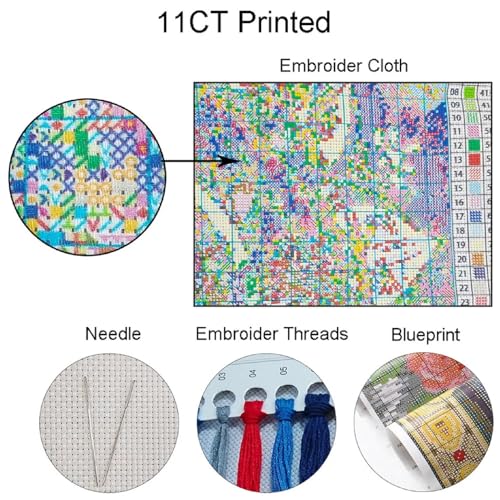 DMCVIVR Stamped Cross Stitch Kits for Beginners Adults Needlepoint Kits for Beginners Embroidery Kits for Adults Crossstitch Kit for Beginners 11CT-Colorful Cat 18x18 inch, ArtKits09 - color: ArtKits09