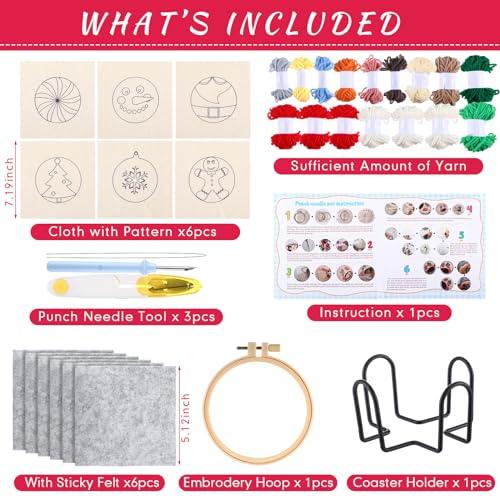 Yaomiao 6 Pcs Christmas Punch Needle Coaster Kit, Easy DIY for Beginners - style: Festival
