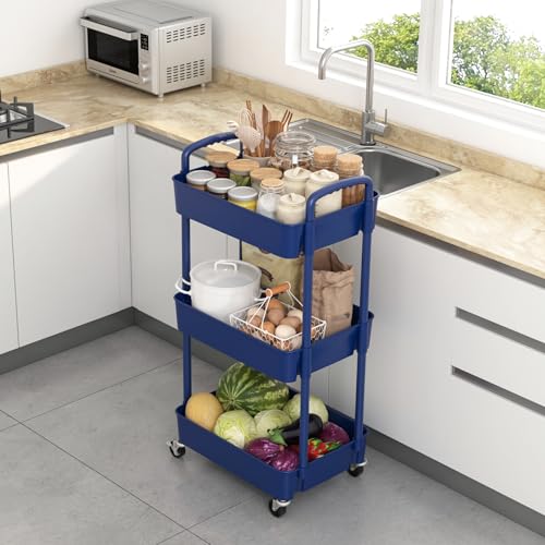 Sywhitta 3-Tier Plastic Rolling Utility Cart with Wheels for Storage,Blue - color: Blue, size: 3-tier