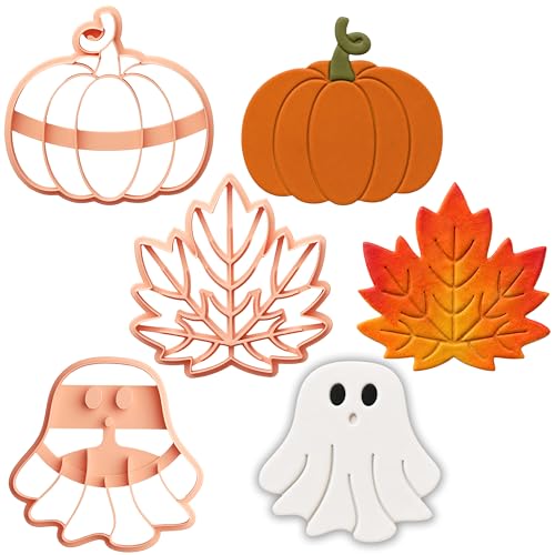 Large Autumn Halloween Clay Cutters for Polymer Clay – Pumpkin Ghost & Maple Leaf Trinket Dish Clay Cutter Set with Embossed Details | Autumn Magic - color: AUTUMN MAGIC