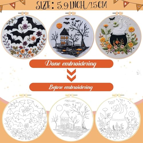 MGARDENMYI Floral Witch Hat Embroidery Kit Halloween Cross Stitch Material Set with Bat Skull Flower Pumpkin Patterns, DIY Hand Needlepoint Embroidery Craft Kit for Beginners Professional (Set of 7) - color: Set of 7