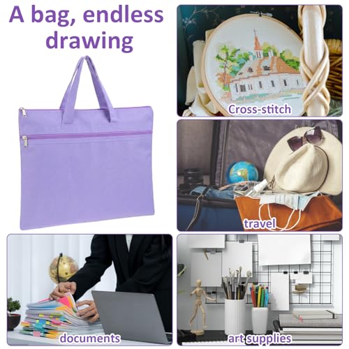 14.5x12 Inch Zippers Needlepoint Project Bag with Handle Reusable Double Pocket Zipper Pouch Foldable Oxford File Bag Mesh Zipper Pouch A4 Size for Puzzles Books Office Travel Shopping 1 PCS (Purple