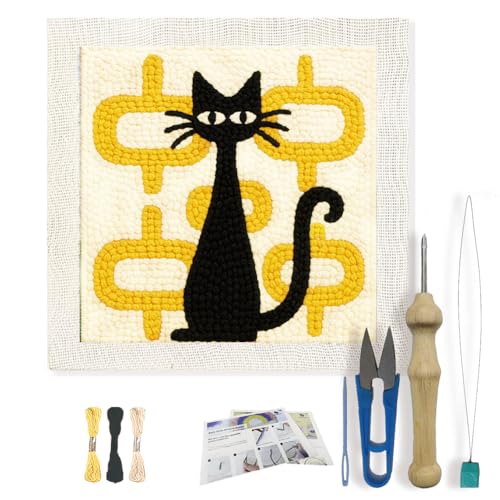 FREEBLOSS DIY Punch Needle Kit Abstract Cat Punch Needle Embroidery Wall Hanging Painting Punching Needles Starter Kit for Beginners with Complete Tools, Already Framed, 9.4x9.4inch - color: Multicolored (including Yellow)