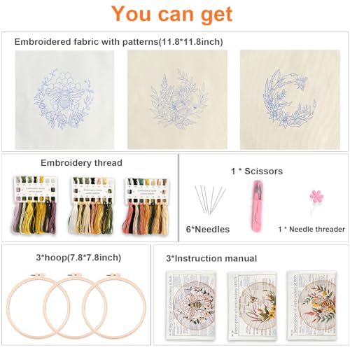 Myfelicity Embroidery kit for Adults, 3-Piece Bee and Butterfly Floral Designs, Including Tools Handmade Embroidery Hoop Art Set (Yellow)