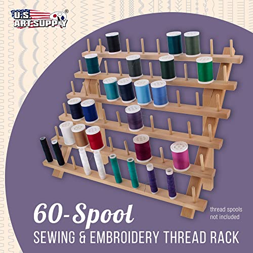 US Art Supply Premium 60-Spool Thread Holder: Wooden Sewing & Embroidery