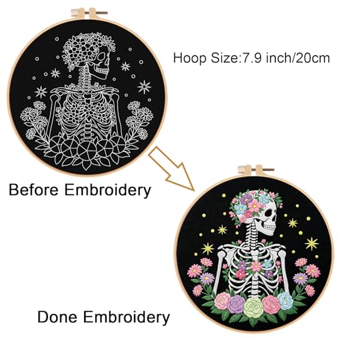 Louise Maelys Halloween Skeleton Floral DIY Embroidery Kit for Beginners - color: Skeleton1