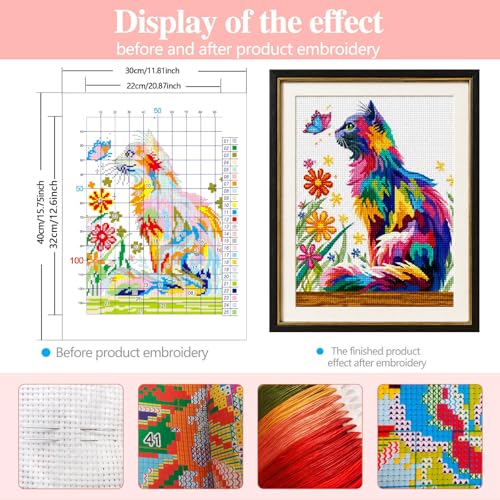 Zhenqing Playful Cat & Butterfly Cross Stitch Kit for Beginners - 11CT Printed 30x40cm Aida Cloth, Colorful Threads & Needle Included (No Hoop/Scissors) (66988) - color: Cat & Butterfly