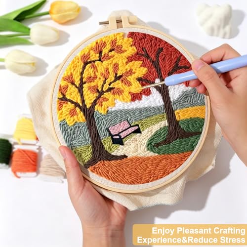 LACHLAND Punch Needle Kit for Beginners, Village Punch Embroidery DIY Craft Supplies with Hoop Yarn & Tool Handmade Wall Art Gift for Adults Teens Seniors Hobby - color: Park