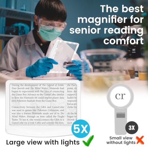 Rechargeable 5X Magnifying Glass for Reading, Large Bright Full Page Magnifier with Light, Handheld LED Dimmable Lighted, Lightweight Book Magnifier for Reading Small Prints Seniors - White - color: White