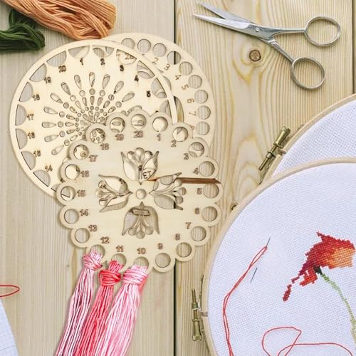 3PCS Wooden Embroidery Floss Organizer Cross Stitch Floss Holder Flower Pattern Thread Organizer with Holes for DIY Sewing Crafts Making, 3 Styles