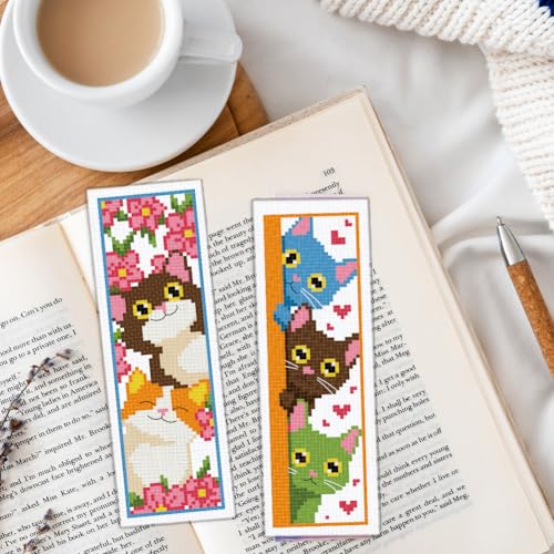 INFUNLY 6pcs DIY Cat Cross Stitch Bookmark Kits for Beginner 2.99''×8.54'' Cute Kitten Stamped Embroidery Bookmark Kit with Instruction Printed Animal Bookmark Set for Cat Lovers Book Readers Writers - style: Cute Cat