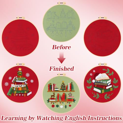 Mindsoft 3 Sets Christmas Booklover Embroidery Kit with Hoop Easy Pattern - style: Christmas Booklover