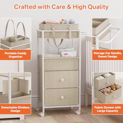 3In1 Modanais Baby Diaper Caddy Organizer Cart with Drawers, Off White - color: Off White