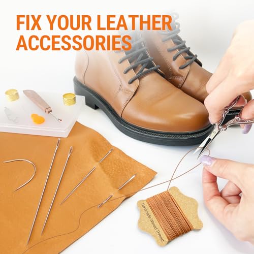 VONEEDL Upholstery Repair Kit: Waxed Sewing Thread (Ligth Brown Color) & Heavy Duty Needles (11 PCS) for Leather, Canvas & Quilting Thread - color: Light Brown