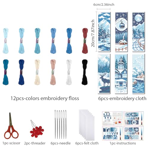 FREEBLOSS 6 Set Cross Stitch Bookmark Kits 11CT 8"x2.4" Snow Scenery - style: Winter Scene