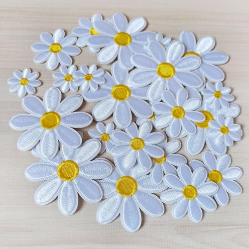 24pcs Daisy Flower Iron on Patches White, 3 Sizes Floral Embroidered Patches Applique for Clothes Hats Jeans Jacket - color: White Daisy