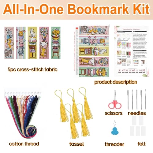 5pc Cat Bookshelf Stamped Cross Stitch Embroidery Kit for Adult Beginners - color: SQJ003-01