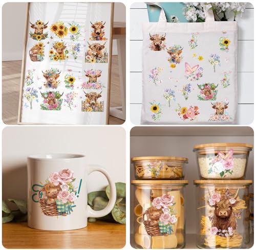 Wxiben 12 Pcs Highland Cow Floral Rub on Transfers for Crafts and Furniture - style: Highland Cow