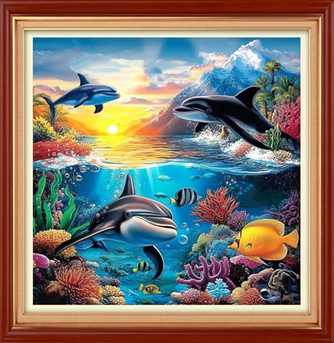 Foxhool Stamped Cross Stitch Kits,11CT Printed Cross Stitch Pattern Full Embroidery Kits for Beginner Needlepoint Kits&Marine Animal World 18x18 inch - color: ColorSet15