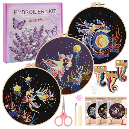 Uniartfy 3 Sets Hand Embroidery Starter Kits for Beginners Adults, Goldfish Stamped Cross Stitch Kit, DIY Needlepoint Kit with Cloth, Hoop,Threads and Instruction, Easy to Learn Embroidery Starter Kit - color: Embroidery Kit-N