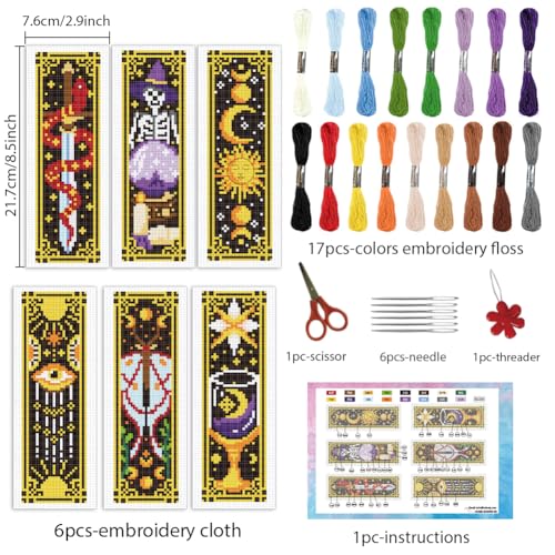 INFUNLY 6pcs Divination Cross Stitch Bookmark Kits Evil Eye DIY Cross Stitch Kit for Beginners with Instruction Sun and Moon Astrology Stamped Embroidery Bookmark Kit for Book Lovers Reader - style: Divination