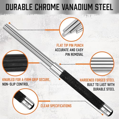 HORUSDY 5-Piece Roll Pin Punch Set, 8-Inch Carbon Steel Pin Punch Tool Kit (1/8" to 3/8") with Storage Pouch for Gunsmithing, Watch & Jewelry Repair