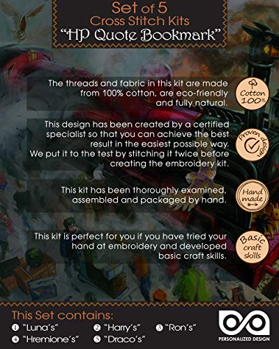 Personalized.Design Embroidery Kits for Kids 'HP Quotes' - Set of 5 DIY Bookmarks with Counted Cross-Stitching Patterns - color: 5-in-1