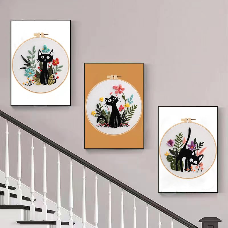 Konrisa 3pcs Embroidery Kits for Beginners Creative Black Cat and Flower Pattern Cross Stitch Practice Kit DIY Sewing Needlepoint, Include 1pcs Hoop - color: black cats