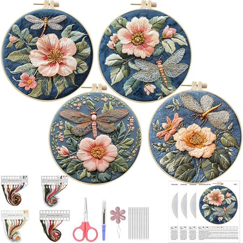 SCECALA 4 Pack Spring Floral Embroidery Kit - Blue Dragonfly Flower Hand Embroidery Kit for Beginners with Pattern, Complete Cross Stitch Supplies DIY Craft for Adults Sewing Hobby, 1pc Hoops - color: Blue Green