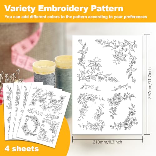 4 Sheets Water Soluble Embroidery Stabilizers 11.69x8.27 Inches Floral Corner Stick and Stitch Embroidery Paper Adhesive Embroidery Transfer Paper for Shirts Coats Bags - style: Floral Corner