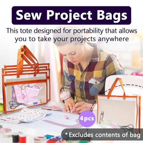 4 Pcs Portable Project Bags for Quilting Knitting, Stitching and Embroidery Projects Storage, Sew Project Bag with Zipper and Double Pockets, Transparent Mesh Sewing Project Bag for Crafter - size: 4 Pack