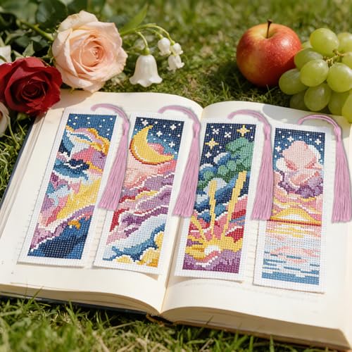 ACRNIGHEET 6PCS Cross Stitch Bookmark Kit for Beginner Colorful Clouds Stamped Cross Stitch Kits Needlepoint Kit for Adults DIY Tassel Embroidery Bookmark Kits & Instructions Craft Gift 8.5"x3" 11CT - style: Dreamy Clouds Patterns