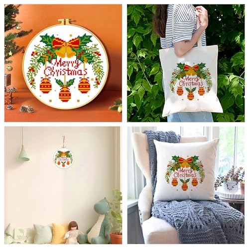 Zhenqing Christmas Bells Cross Stitch Kit with Hoop - 11CT Pre-Printed 24x24cm Fabric & Complete Tools for Beginners (68348) - style: Christmas Bells