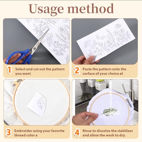 4 Sheets Water Soluble Embroidery Patterns, Stick and Stitch Patterns