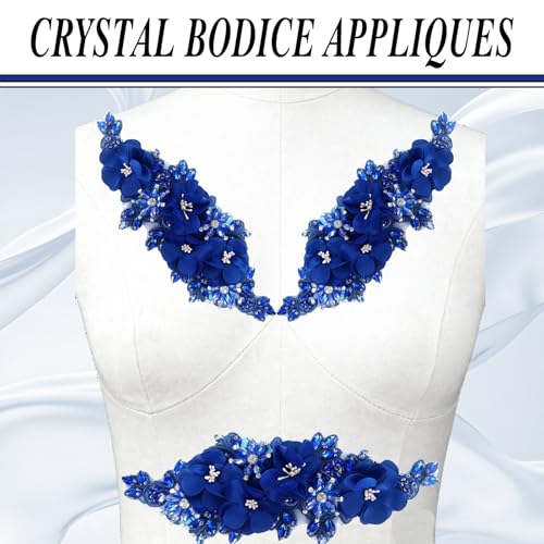 Handmade 3D Flower Embroidery Applique Rhinestone Lace Patches, Royal Blue - color: Royal Blue