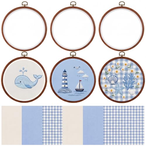 Tudomro 12 Pcs Decorative Embroidery Hoop with Fabric Set 6.7" Round Imitated Wood Cross Stitch Frame & 11.8" Blue Pre-Cut Cloth Squares for DIY Art Craft Sewing Hanging Ornament - color: Blue
