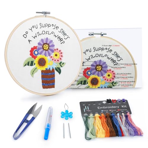 BERYA Flowers Embroidery Kit Including Video Step by Step Instructions,Embroidery Hoop,Color Threads and Embroidery Scissors for Beginners-Handmade Needlepoint Kits for Adults - color: flower yellow