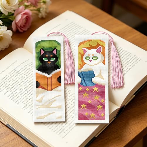 ACRNIGHEET 6PCS Cross Stitch Bookmark Kit for Beginner Stamped Cross Stitch Kits for Adults Cute Reading Cat DIY Tassel Embroidery Bookmark Kits Needlepoint Kit with Instructions Gift 8.5''x3'' 11CT - style: Reading Cat with Tassel