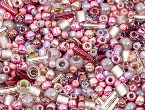 0.35oz (10g) Mix of Small Rocailles, Seed Beads & Bugles 2-10mm TOHO Japanese Glass Beads, Mix TOHO Pink (Like 3215 - Hime) - color: Pink Hime Mix - Mixed (2-10mm)
