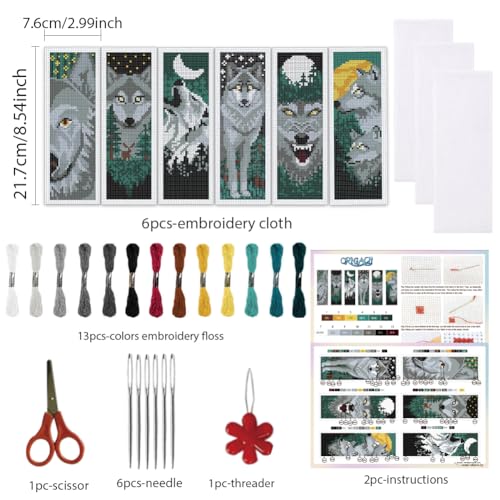 ORIGACH 6 Set Wolf & Forest Cross Stitch Bookmark Kit for Beginner - style: Wolf & Forest