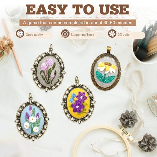ZOCONE New 4 Packs Embroidery Necklace Kits, Embroidery Pendant Kit Mini Cross Stitch Kit with Hoop, Necklace, Pendant, Stamped Pattern Cloth, Instructions, etc., Embroidery Kits for Adults - color: J
