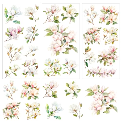 3 Sheet Floral Furniture Transfers 6"x12" Rub on Vintage Flower Rub on Transfers Waterproof Retro Watercolor Magnolia Rub on Transfer Stickers Decals for Wood Glass Door Wall Home Decor - style: Magnolia Theme 2