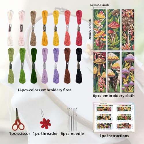 ORIGACH 6 Set Mushroom Plants Cross Stitch Bookmark Kit for Beginner - style: Mushroom