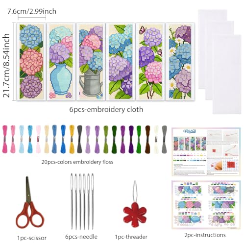 ORIGACH 6 Set Hydrangea Cross Stitch Bookmark Kit for Beginner - style: Hydrangea