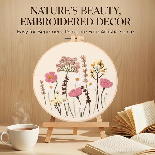 Harimau Adult Beginner Embroidery Starter Kit, Complete Set with 4 Patterns, 2 Hoops, Needles, Scissors, Instruction Guide & Stitching Video Tutorials - color: Floral3 pattern