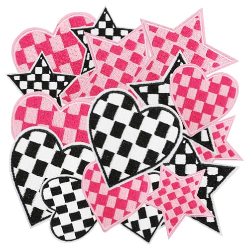 16pcs Heart Star Iron/Sew on Patches, Pink Black Embroidered Applique, Checked Cute Decration for Clothes, Hat, Packbag, Jeans, Shoe, Shirt, Dress - color: 16pcs Heart Star